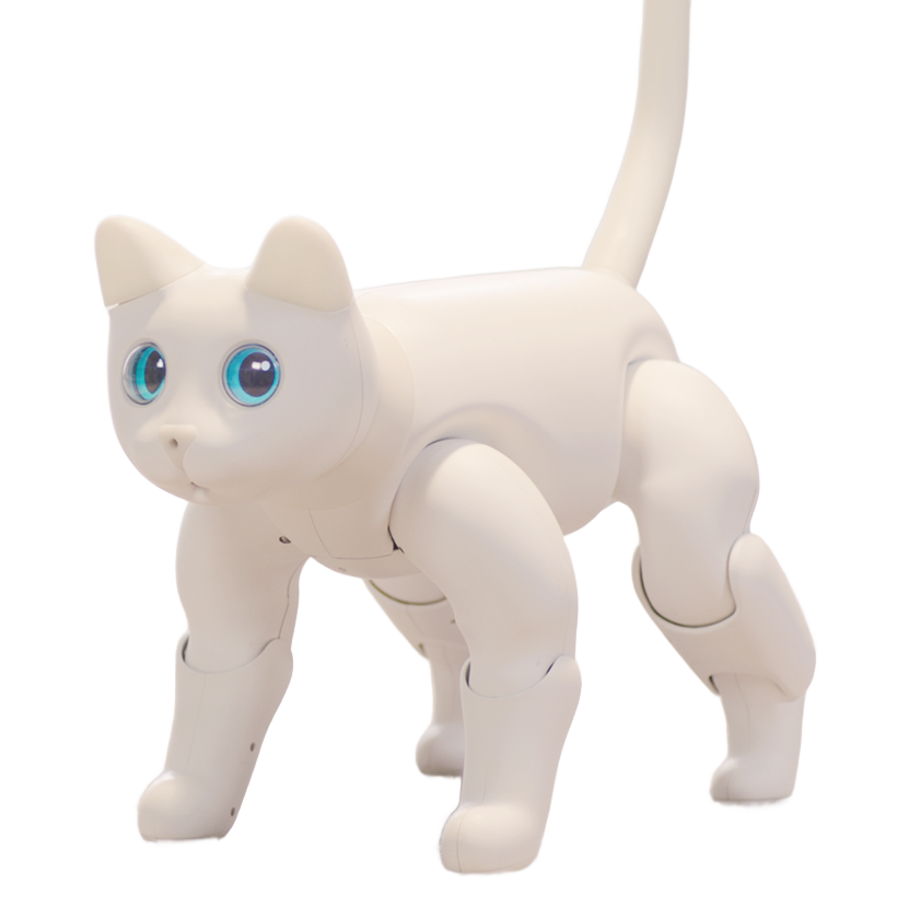 The white MarsCat standing with its tail up, cyan OLED eyes glowing